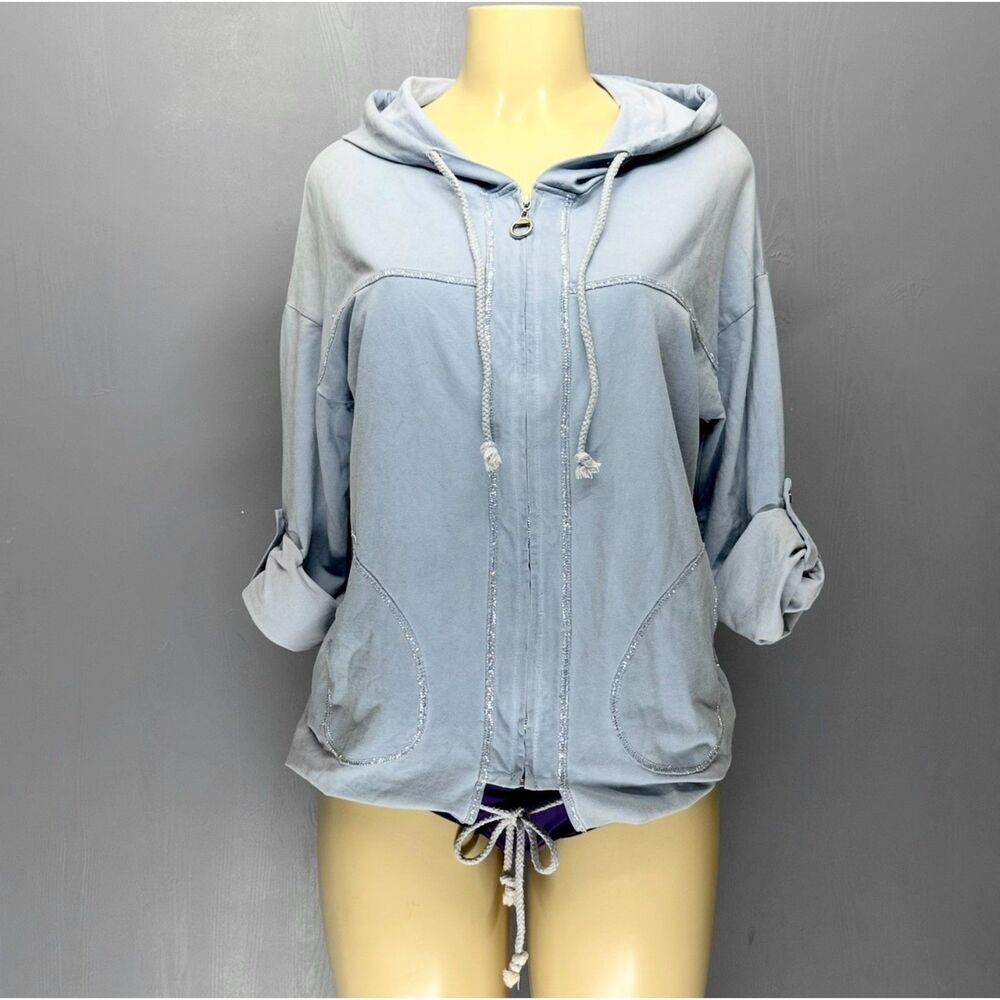 Flora Ashley Light Blue Hooded Utility Jacket | Metallic Trim | S